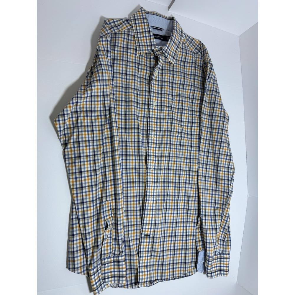 Nautica Mens Blue Yellow Plaid Long Sleeve Button Down Shirt Size Small